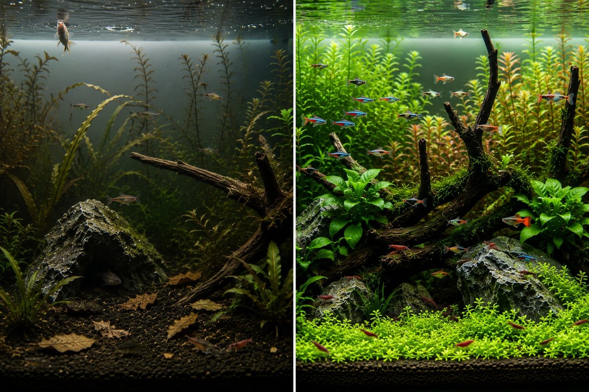 Split comparison of an unstable and stable planted aquarium showing fish behavior differences, with stressed fish hiding in a sparse tank and active fish and shrimp exploring a healthy planted ecosystem.