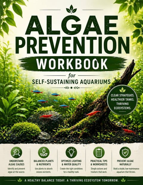 Algae Prevention Workbook cover for self-sustaining aquariums with green plants, fish, and five strategy icons for algae control.