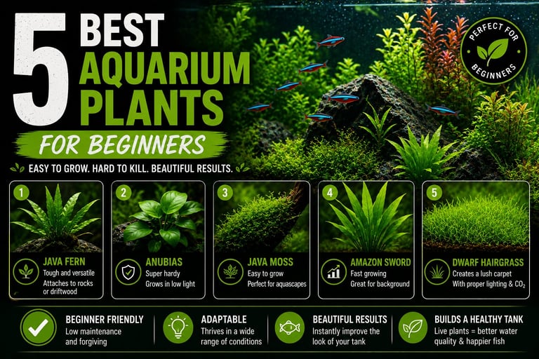 Infographic displaying 5 best aquarium plants for beginners with images and descriptions including java fern, anubias, java moss, amazon sword, and dwarf hairgrass.