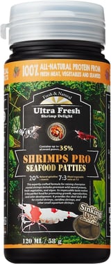 Bottle of Ultra Fresh Shrimp Delight seafood pellets with orange and black label, 120ml container