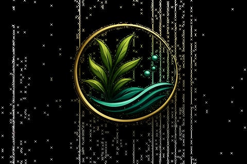 Golden circular logo with green plant leaves and turquoise water wave on black digital matrix background