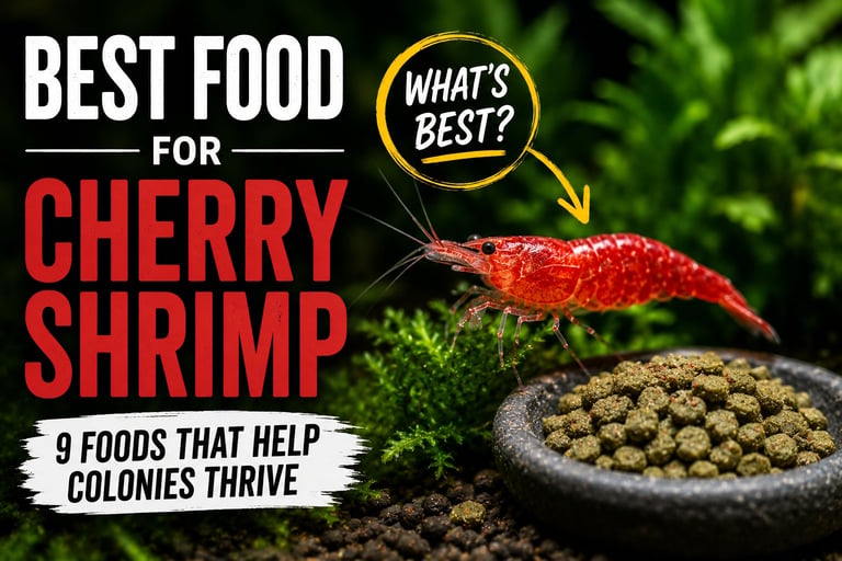 Red cherry shrimp next to shrimp food pellets in a planted aquarium representing the best food for cherry shrimp and healthy shrimp colonies.