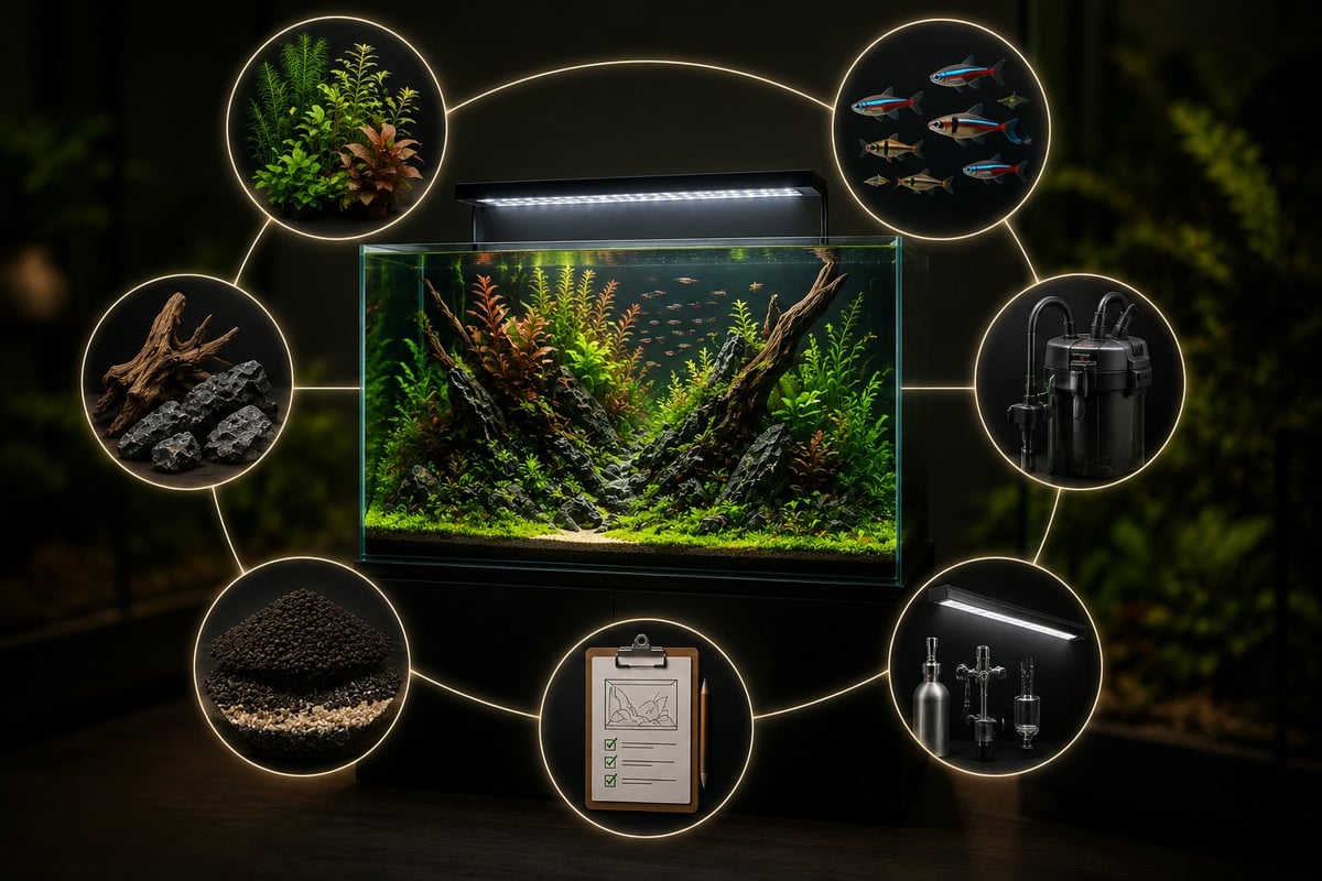 Thriving planted aquarium surrounded by the essential components of a successful setup, including plants, livestock, filtration, lighting, substrate, hardscape, and planning elements, illustrating how each piece contributes to long-term aquarium stability.