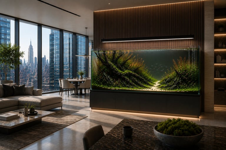 Luxury New York penthouse featuring a custom ADA-style rimless freshwater planted aquarium with a Takashi Amano-inspired Nature Aquarium layout, moss-covered driftwood, lush green plants, subtle red stem plants, authentic glass lily pipes, suspended LED lighting, and floor-to-ceiling windows overlooking the Manhattan skyline without direct sunlight reaching the aquarium.