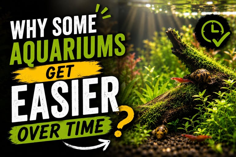 Moss-covered driftwood with shrimp and snails in a mature planted aquarium