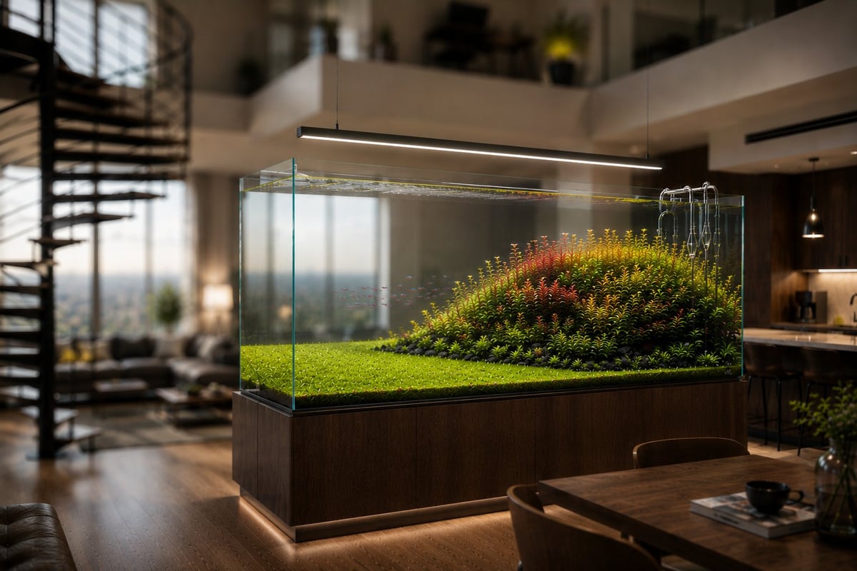 Modern living room featuring an illuminated indoor terrarium with moss and plants displayed on a dark wooden base in a minimalist home setting.