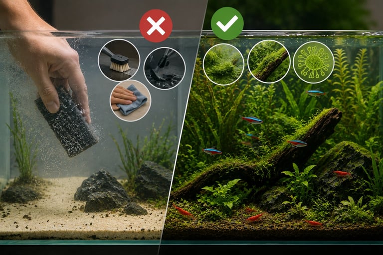 Split illustration showing an over-cleaned, sterile aquarium being aggressively scrubbed beside a thriving planted aquarium with natural biofilm, moss-covered driftwood, realistic fish, and cherry shrimp, demonstrating the importance of preserving beneficial biological processes.
