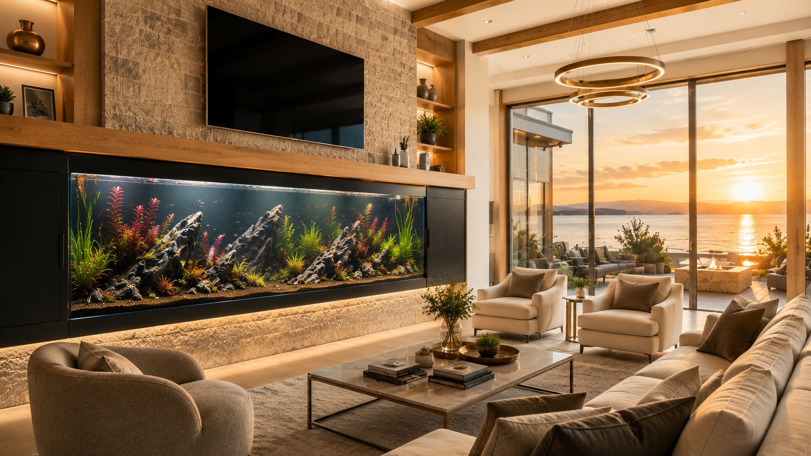 Luxury modern living room featuring a built-in planted freshwater aquarium with dragon stone, red and green aquatic plants, and panoramic golden hour lake views.