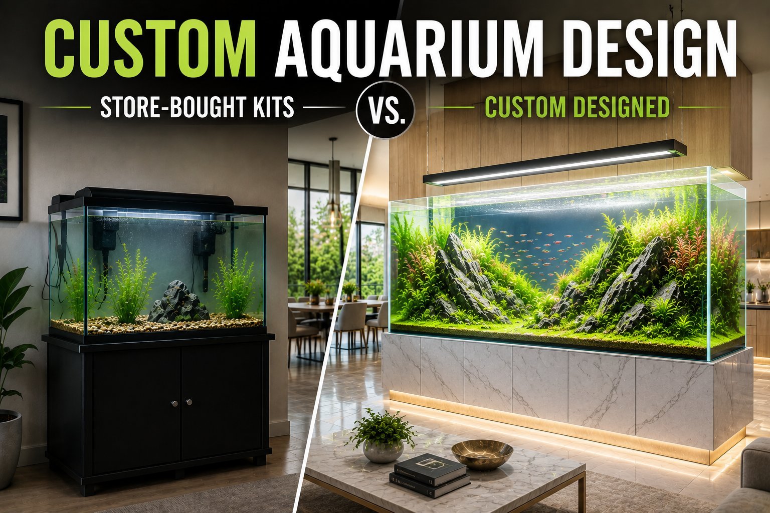 Side-by-side comparison of a basic store-bought aquarium kit and a bright custom ADA rimless aquarium integrated into a modern luxury home with premium cabinetry and aquascaping.