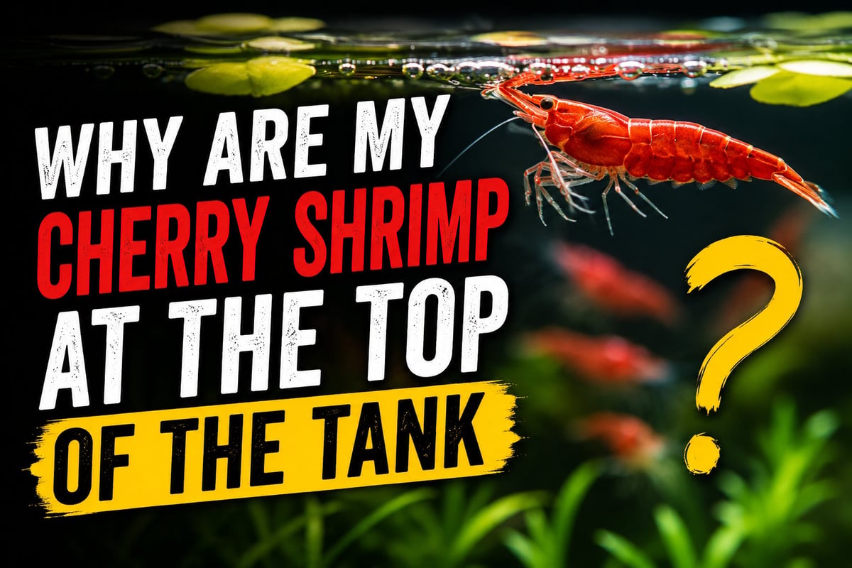 Red cherry shrimp resting near the water surface of a planted aquarium illustrating cherry shrimp staying at the top of the tank