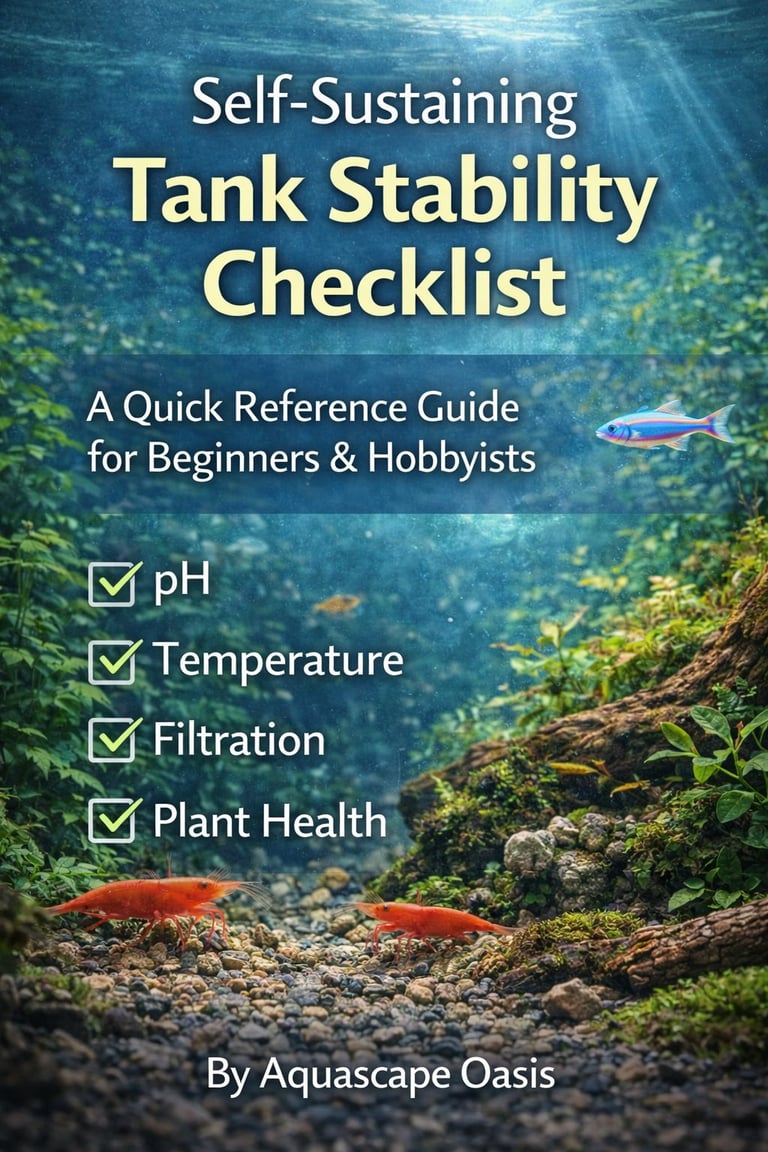 Self-Sustaining Tank Stability Checklist guide cover with underwater aquarium background featuring fish, plants, and rocks