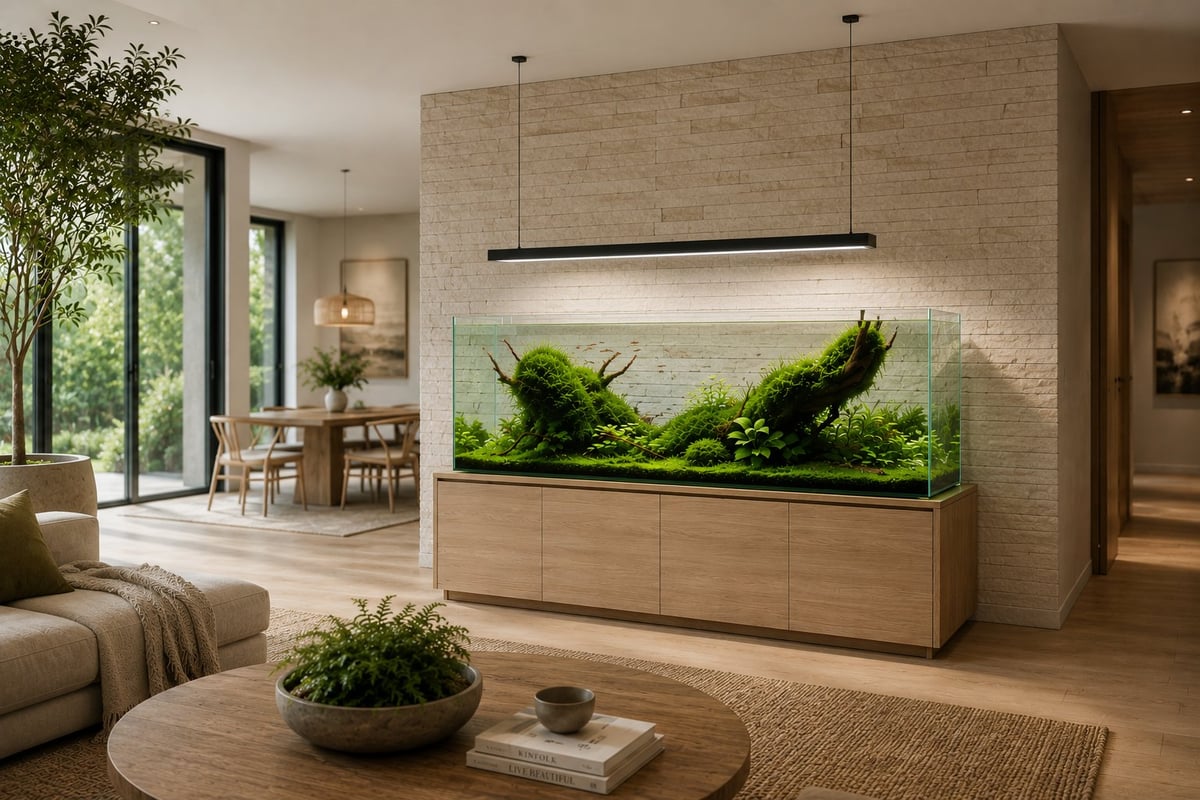 Modern living room with a large wooden aquarium featuring lush green plants, pendant lighting, and natural wood flooring throughout the open-plan interior.