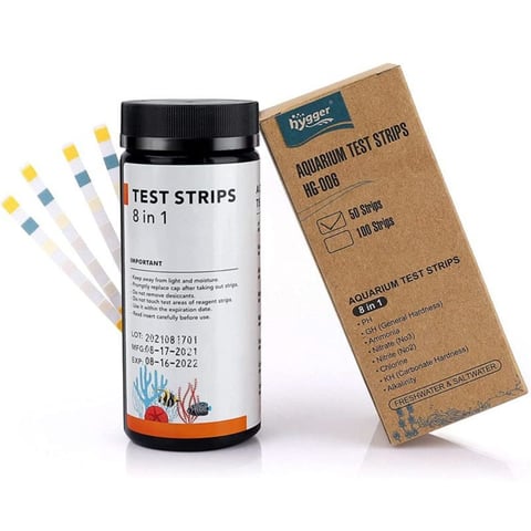 Two aquarium test strip bottles with colored indicator strips fanned out on the left side