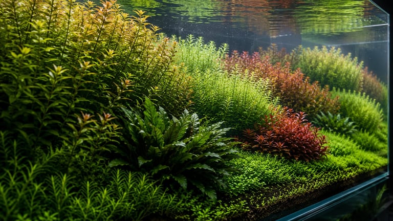 Mature Dutch aquascape with sculpted plant groups, smooth height transitions, subtle plant streets, restrained red accents, and natural spacing creating a calm, balanced composition.