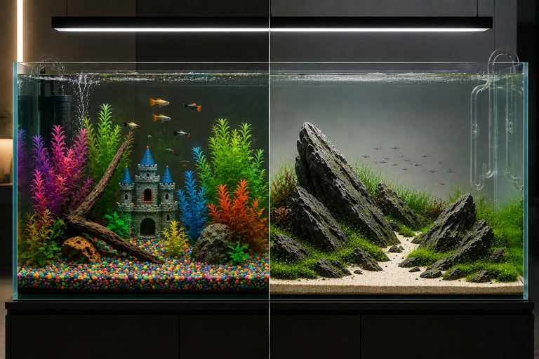 Side-by-side comparison of two identical ADA-style rimless aquariums. The left aquarium features colorful plastic plants, gravel substrate, artificial decorations, and a cluttered beginner layout, while the right aquarium showcases a professionally designed Iwagumi aquascape with Seiryu stone, carpeting plants, negative space, and a small natural school of fish.