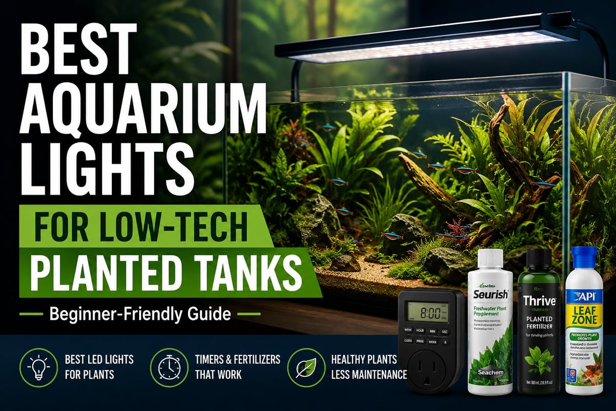 Lush low-tech planted aquarium with Anubias, Java Fern, driftwood, and a modern LED aquarium light illustrating the best aquarium lights for low-tech planted tanks