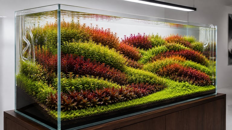 A mature Dutch aquascape photographed from a 45-degree front-corner angle, showing long, repeating streets of colorful stem plants that guide the eye through the aquarium and create depth, movement, and visual harmony.