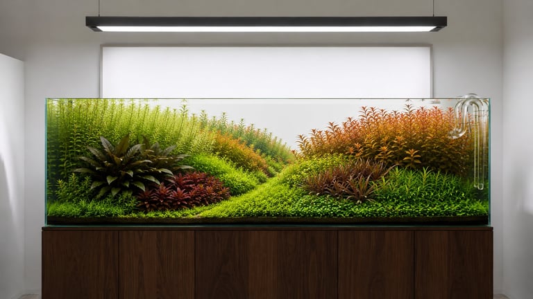 Large aquascaped aquarium with lush green plants, red-brown stem plants, and landscaped hardscape beneath bright lighting.