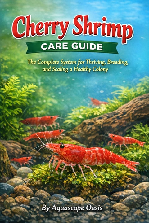 Cherry Shrimp Care Guide book cover showing red shrimp in an aquarium with plants and rocks
