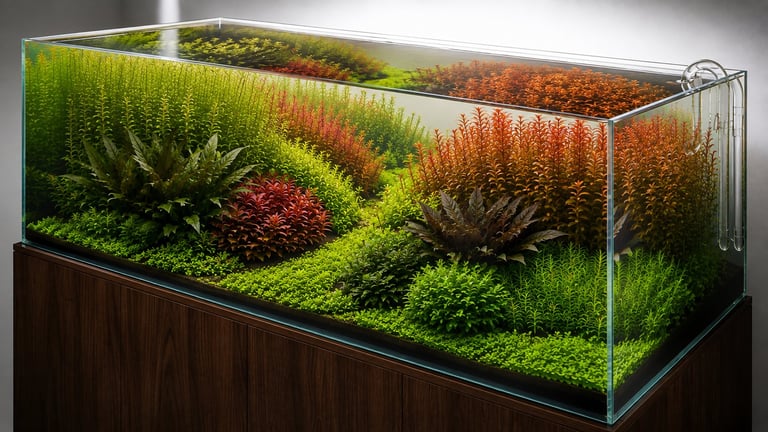 Mature Dutch aquascape viewed from a 45-degree angle, showing large, intentional plant groups and diagonal plant streets that create depth, rhythm, and gradual height transitions.