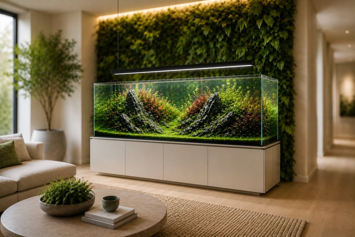Modern living room with large aquascape aquarium featuring lush aquatic plants, white cabinetry base, living wall backdrop, and minimalist furniture