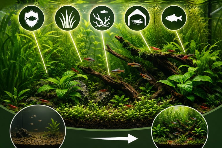 Aquarium setup guide showing planted tank with decorative wood, various aquatic plant species icons, and fish compatibility indicators for aquascaping.