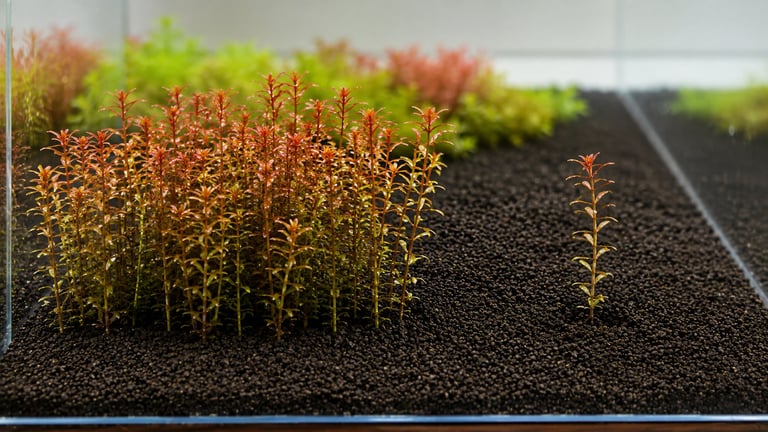 A freshly planted Dutch aquascape showing a dense group of Rotala stems beside a single isolated stem, illustrating why planting in generous groups creates stronger composition and visual impact.