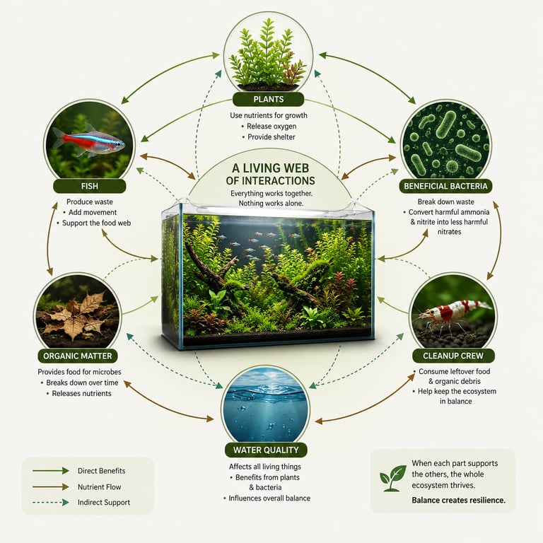 Infographic showing how plants, fish, beneficial bacteria, organic matter, shrimp, and water quality interact within a healthy aquarium ecosystem to create long-term biological balance and stability.