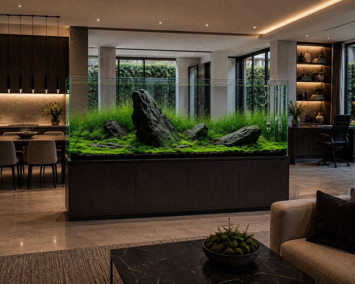 Large rimless peninsula aquarium on a custom cabinet in a luxury open-concept home, featuring an ADA-inspired aquascape with dramatic stone composition, lush carpeting plants, transparent back viewing, and glass lily pipes.