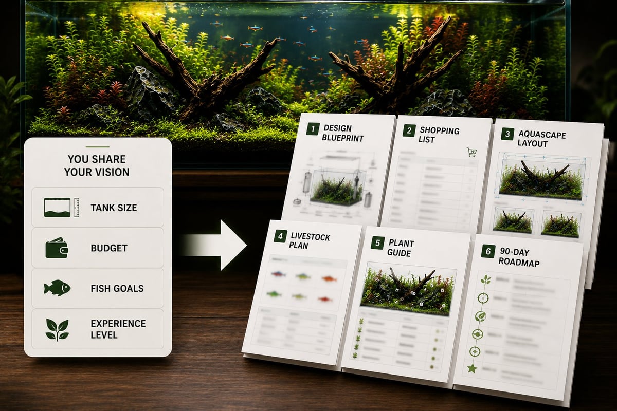 Professional aquarium design service illustration showing a customer's tank goals and requirements transformed into a custom blueprint, shopping list, aquascape layout, livestock plan, plant guide, and 90-day roadmap.