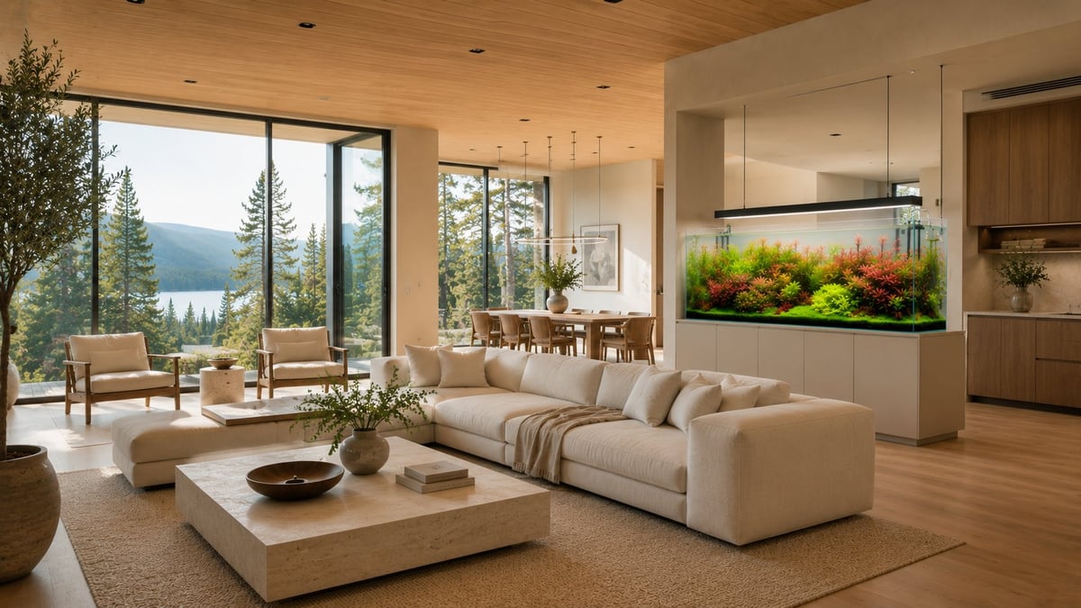Bright luxury living room featuring an ADA-inspired rimless planted aquarium on a custom cabinet used as an architectural room divider, illuminated by a suspended aquarium light with panoramic forest and lake views.