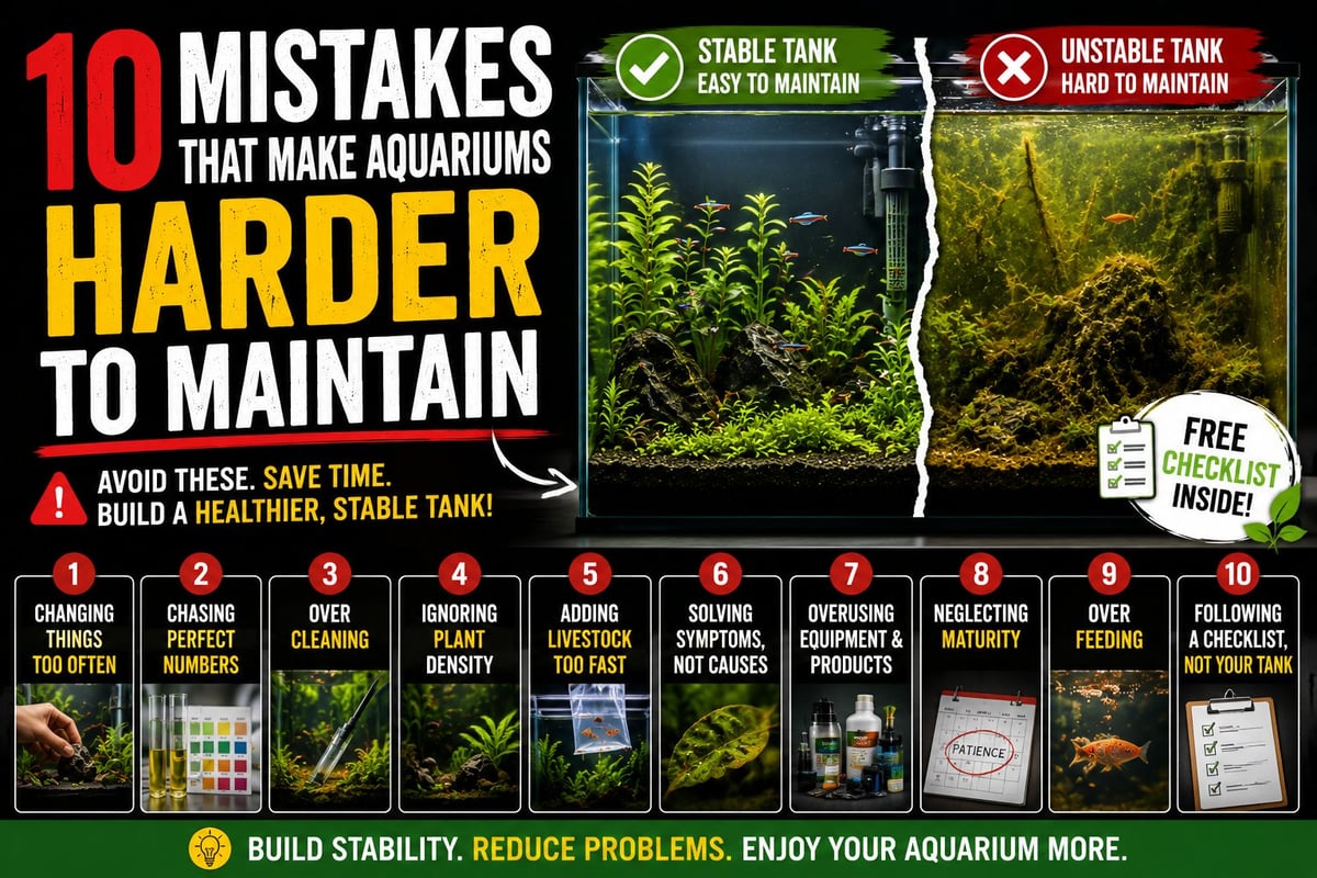 Comparison of a healthy planted aquarium and an algae-covered aquarium illustrating common aquarium maintenance mistakes
