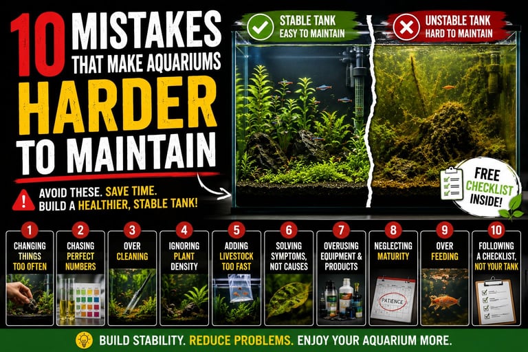 Comparison of a healthy planted aquarium and an algae-covered aquarium illustrating common aquarium maintenance mistakes