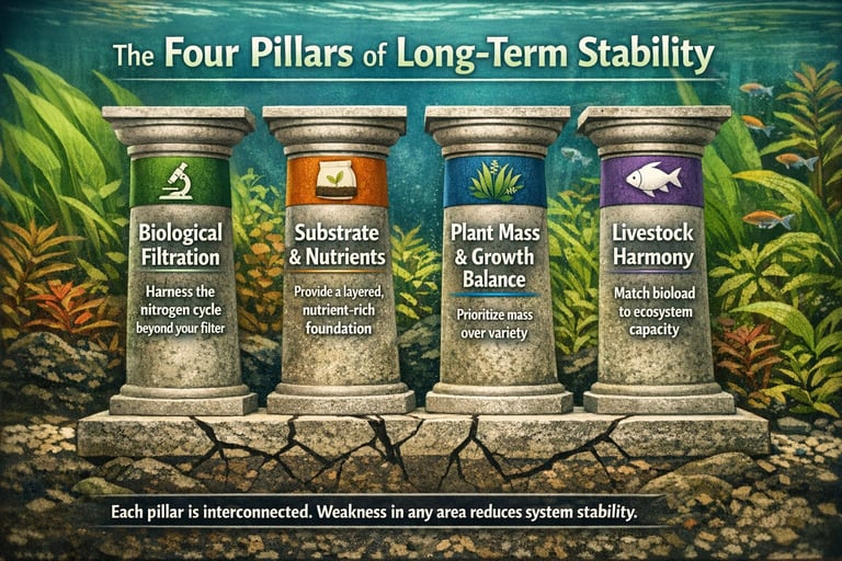 Four glass jars representing the Four Pillars of Long-Term Stability: Biological Filtration, Substrate and Nutrients, Plant Mass and Growth Balance, and Livestock Harmony in an aquarium ecosystem