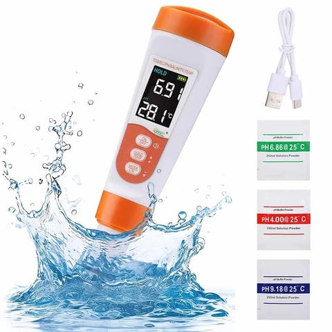 Digital pH meter with orange and white design displayed with water splash, USB charging cable, and three pH calibration powder packets