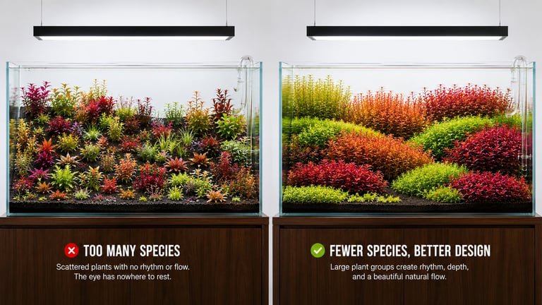 Side-by-side comparison of a Dutch aquascape with too many scattered plant species and a properly designed Dutch aquascape using fewer species planted in large, repeating groups for better balance and visual flow.