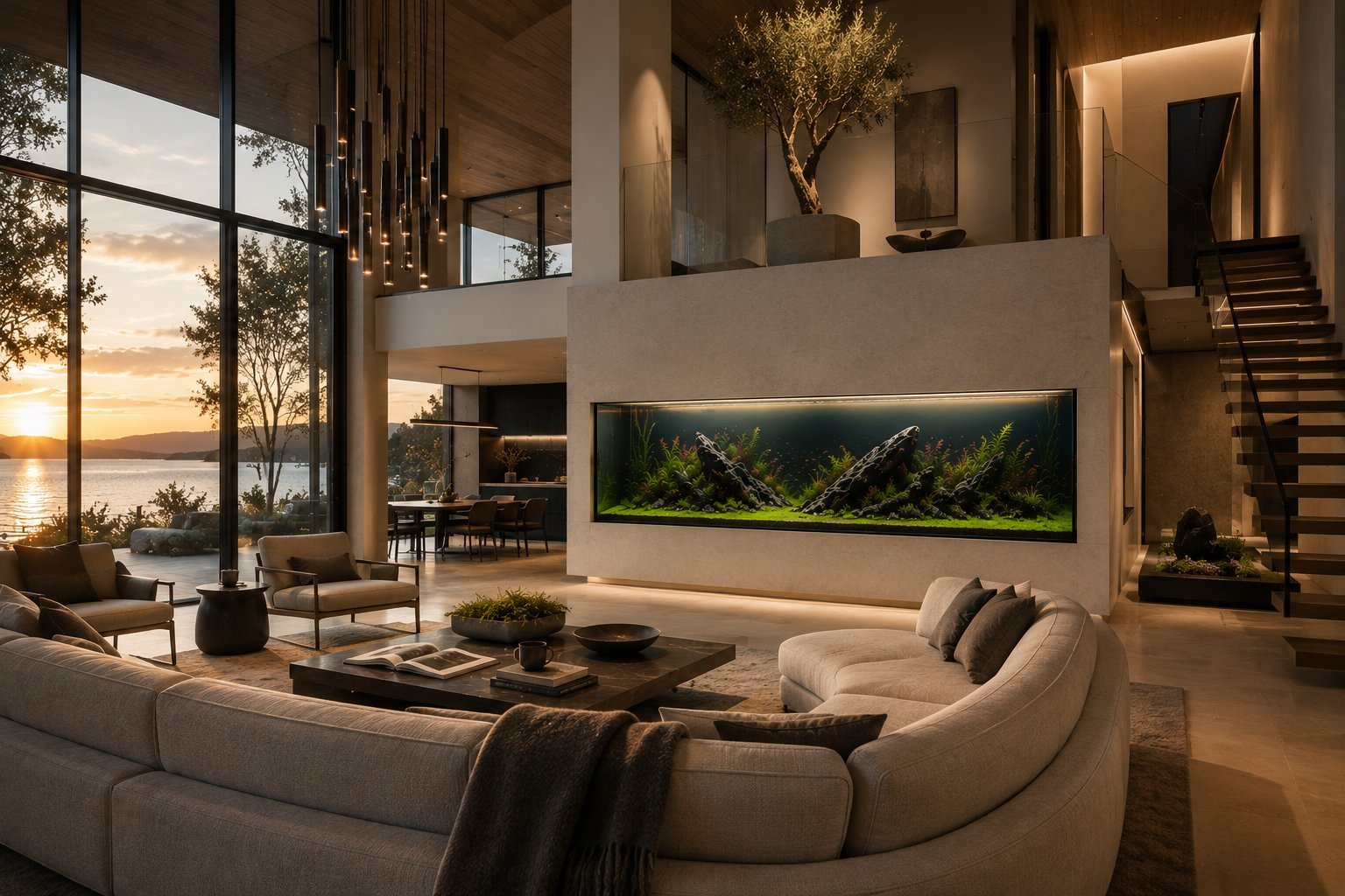 Modern luxury living room with curved beige sofa, built-in aquarium, floor-to-ceiling windows overlooking sunset ocean view, and contemporary interior design
