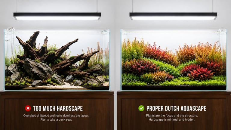 Side-by-side comparison showing a planted aquarium with oversized driftwood and rocks beside a proper Dutch aquascape where dense groups of colorful stem plants dominate the layout and hardscape is mostly hidden.