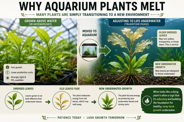 Aquarium plant transitioning from greenhouse-grown emersed leaves to submerged underwater growth, showing old leaves melting while new aquatic leaves develop.