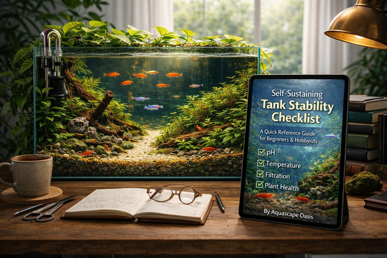 Tablet displaying Self-Sustaining Tank Stability Checklist next to planted aquarium with goldfish on wooden desk