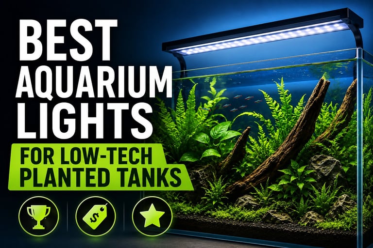 Modern LED aquarium light illuminating a lush low-tech planted aquarium with Java Fern, Anubias, driftwood, and healthy green plants