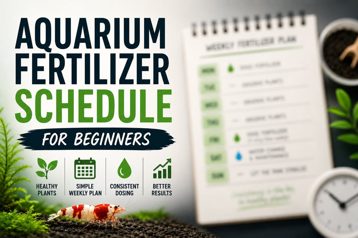 Illustrated aquarium fertilizer schedule for beginners with a blurred weekly planner, cherry shrimp, and planted aquarium elements representing a simple fertilizer routine.