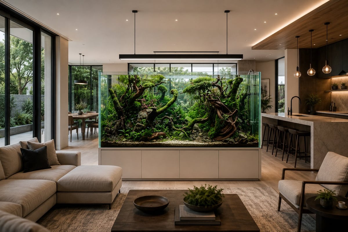 Luxury open-concept home featuring a freestanding ADA-style rimless aquarium as a room divider between the living room, dining area, and kitchen. The double-sided aquarium showcases a Takashi Amano-inspired jungle aquascape with moss-covered driftwood, lush green plants, crystal-clear water, nearly invisible glass lily pipes, and a suspended designer LED light. The aquarium remains visually stunning from every angle while allowing clear sightlines through to the opposite side of the home.