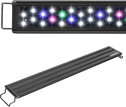 LED aquarium light fixtures showing multicolored lighting display in black aluminum housing with brackets