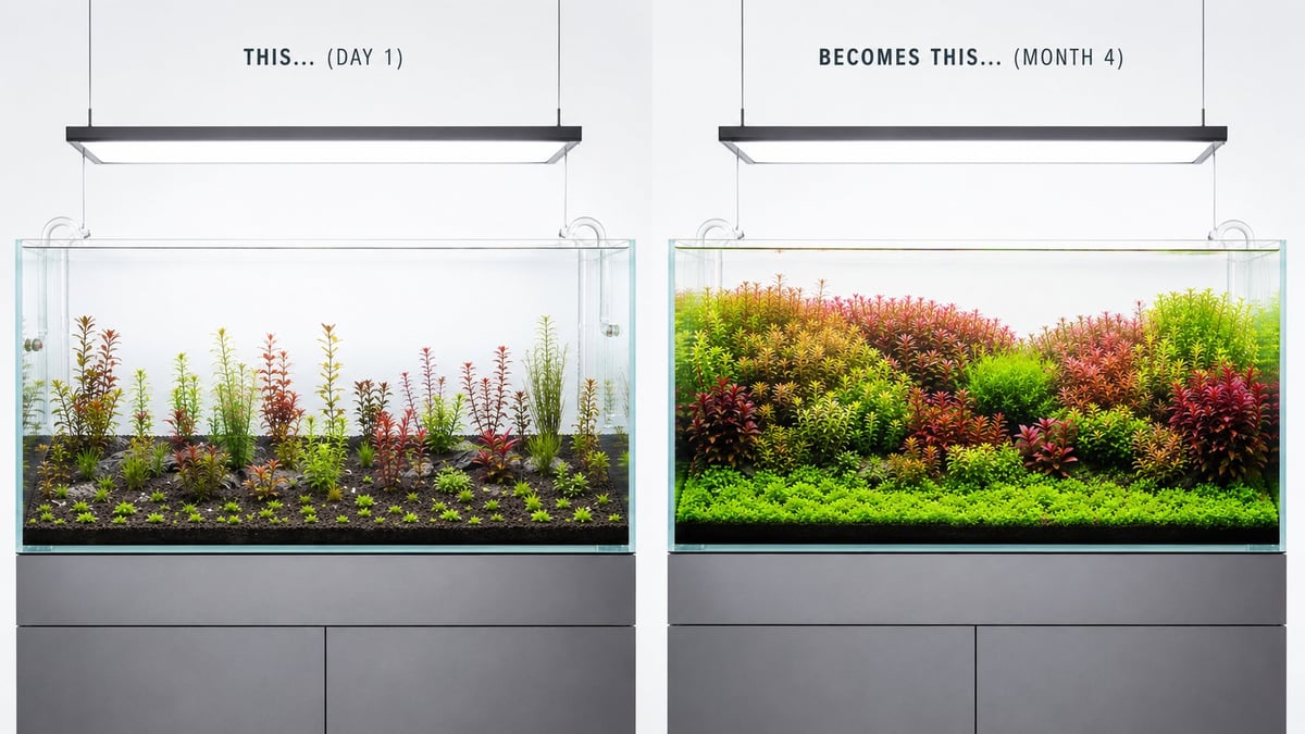 Side-by-side comparison of a freshly planted Dutch aquascape on day one and the same aquarium after four months of growth and repeated trimming, showing how stem plants develop into dense, structured plant groups.
