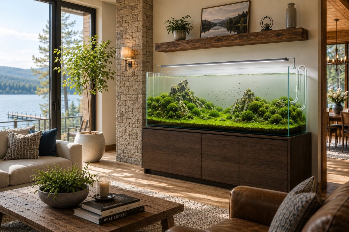 Modern Coeur d'Alene style lake house featuring a custom rimless planted aquarium with moss-covered dragon stone, driftwood, and crystal-clear lily pipes that showcase biophilic interior design.