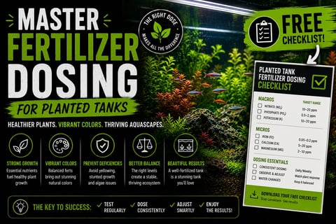 Master Fertilizer Dosing guide for planted tanks with lush aquatic plants, featuring free fertilizer dosing checklist and icons for healthy growth