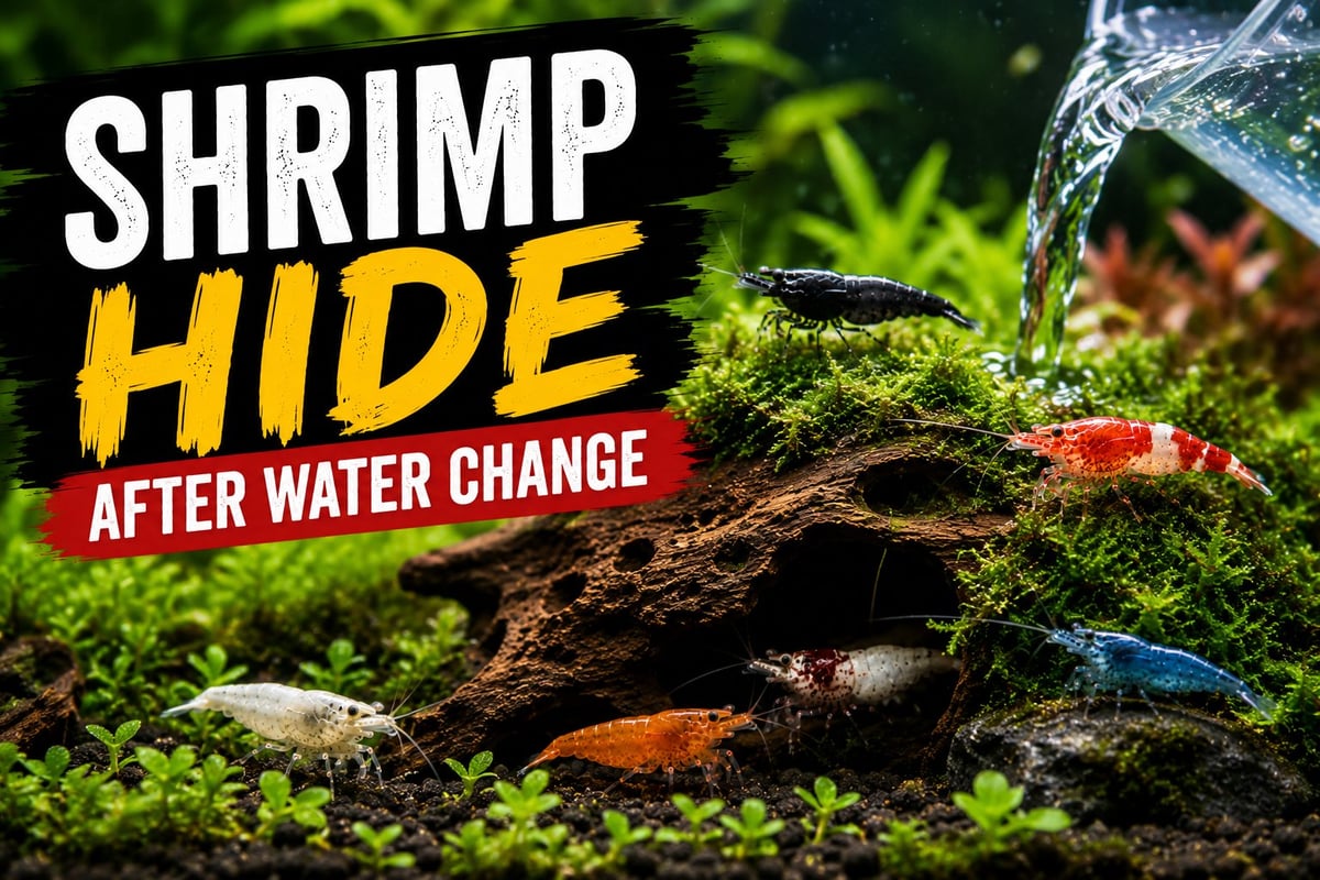 Black Rose, Red Rili, Snowball, Orange Sunkist, and Blue Dream Neocaridina shrimp hiding among moss and driftwood after an aquarium water change