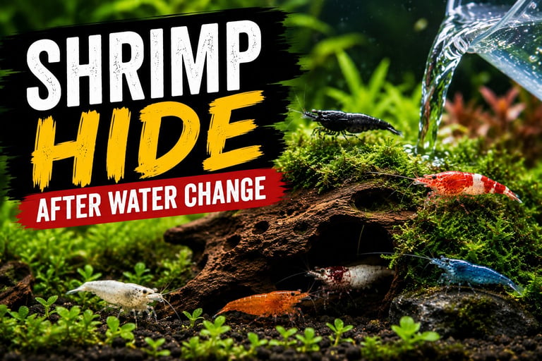 Black Rose, Red Rili, Snowball, Orange Sunkist, and Blue Dream Neocaridina shrimp hiding among moss and driftwood after an aquarium water change