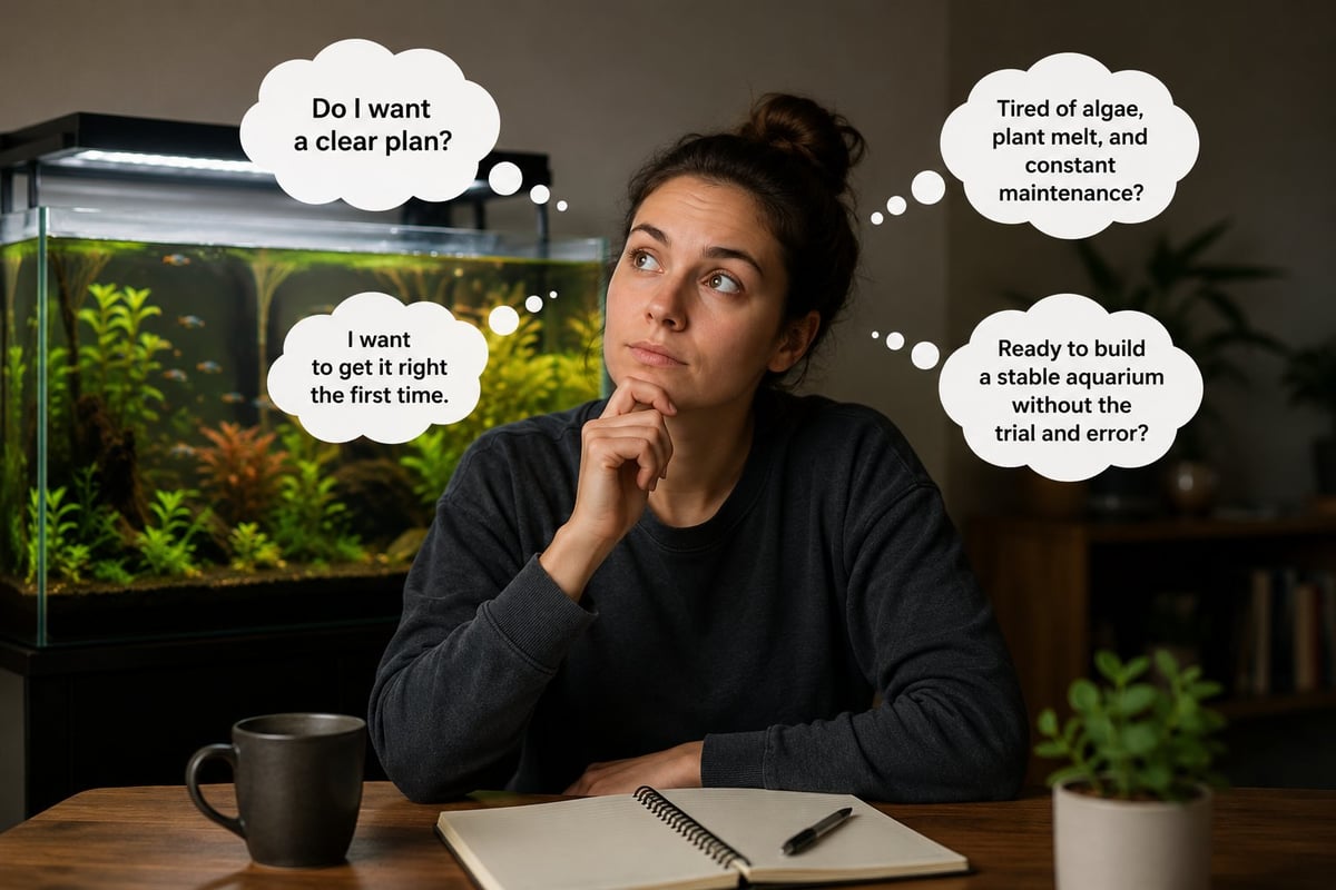 Photorealistic image of a hobbyist thoughtfully sitting beside a planted aquarium while considering whether a custom aquarium design package is the right solution for building a stable, low-maintenance aquarium.